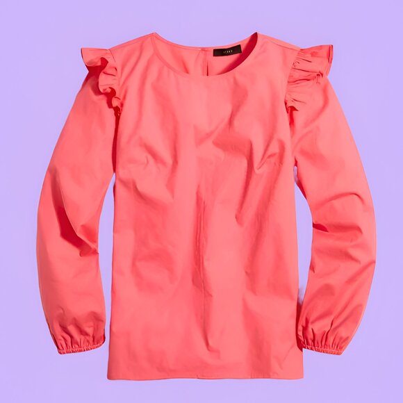 NWOT J. Crew Cotton Poplin Top With Ruffles  Long Sleeve Blouse Pink Size Medium - Picture 1 of 7
